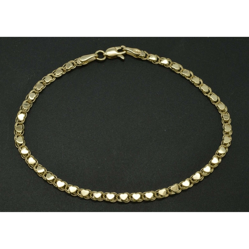 14k Yellow Solid Gold Mirrored Heart Link Chain Charm Ankle Bracelet 10